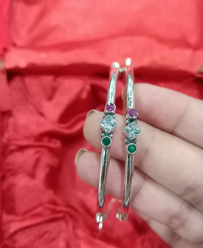 Cut Stone Silver Bangle - Image 2