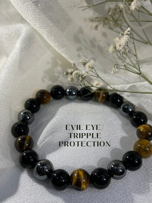 Pure Silver Evil Eye / Tripple Protection Healing Crystal Bracelet