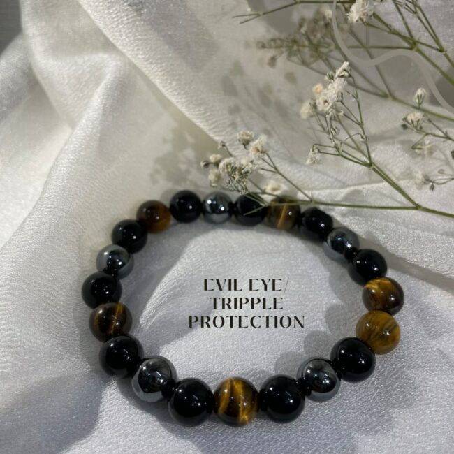 Pure Silver Evil Eye / Tripple Protection Healing Crystal Bracelet