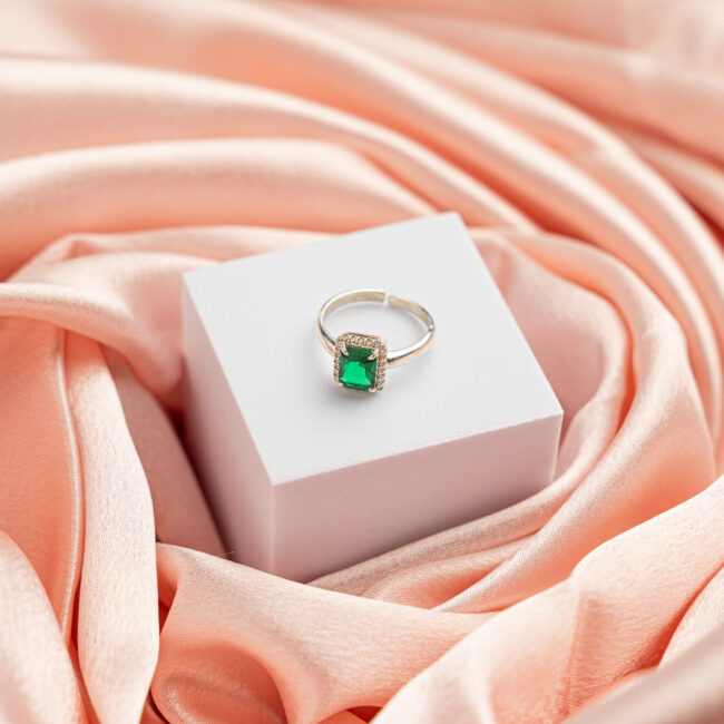 Pure Silver Emerald Adjustable Ring