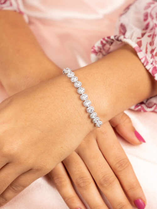 Halo Design Pure Silver Solitaire Adjustable  Bracelet