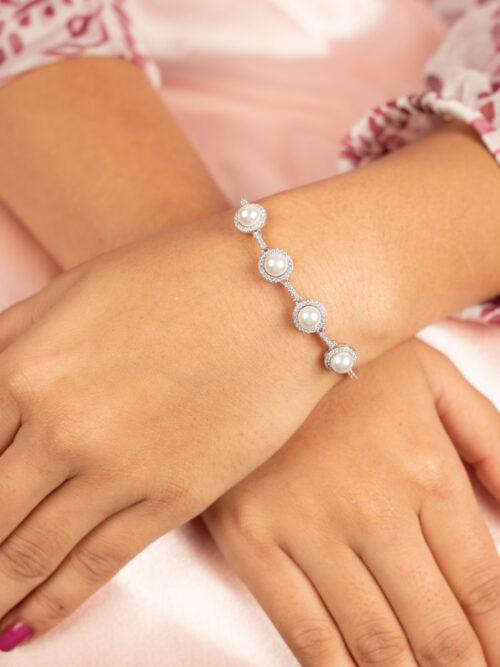 92.5 Pure Silver Pearl Stone Embedded Adjustable Bracelet