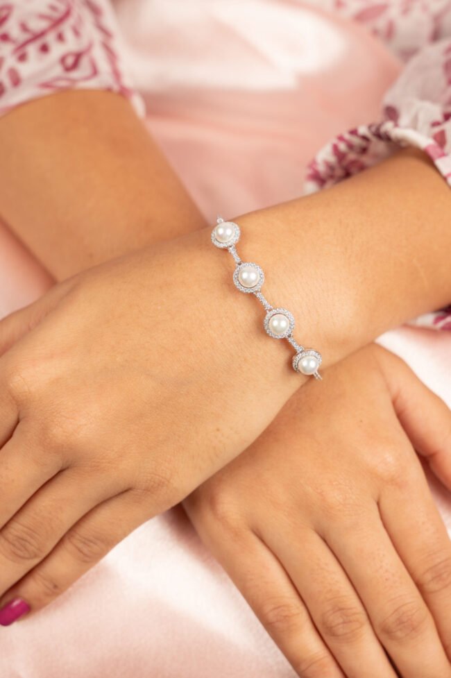 92.5 Pure Silver Pearl Stone Embedded Adjustable Bracelet