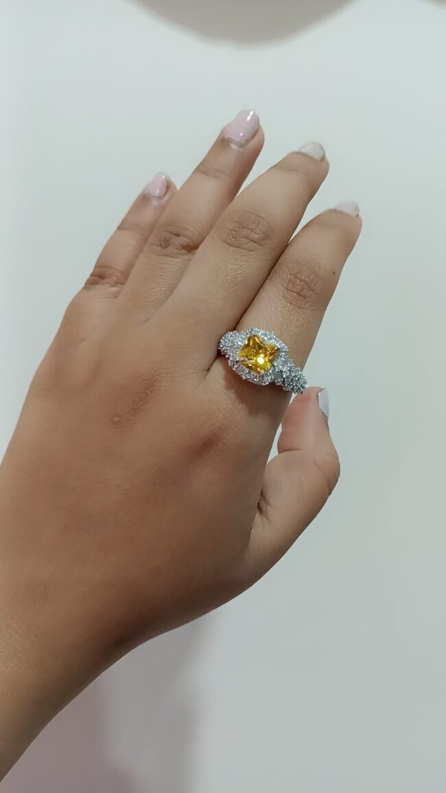 Pure Silver Yellow Classic Stone Cocktail Ring - Image 2