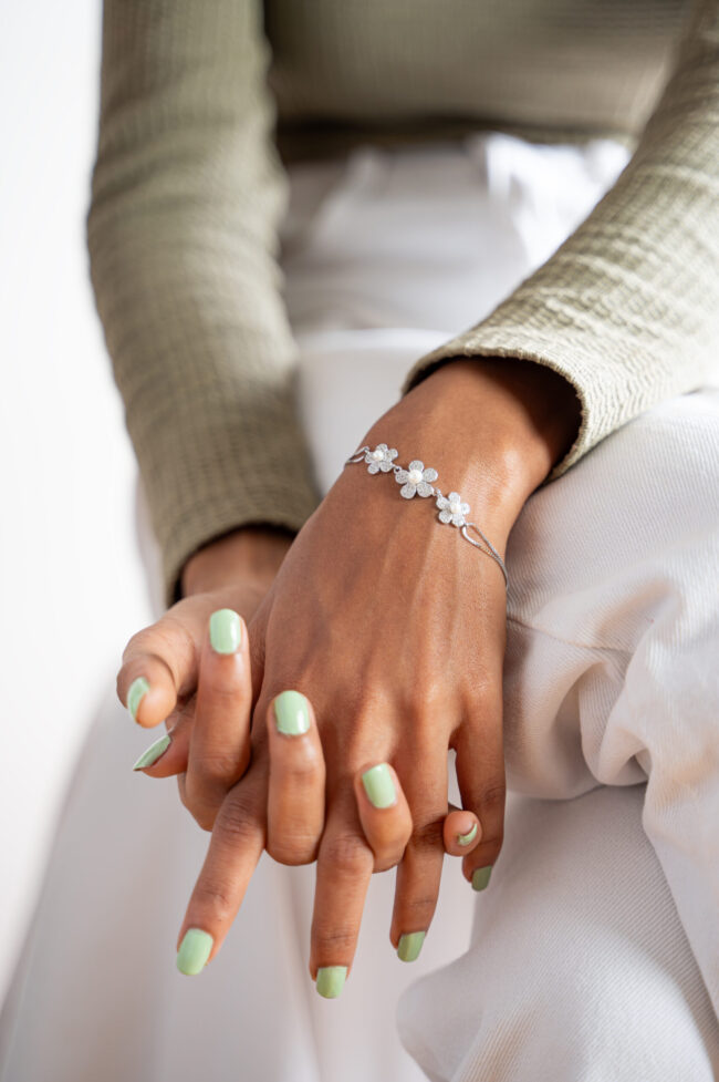 Pure Silver Flower Pearl Dual Chain Bracelet - Image 2