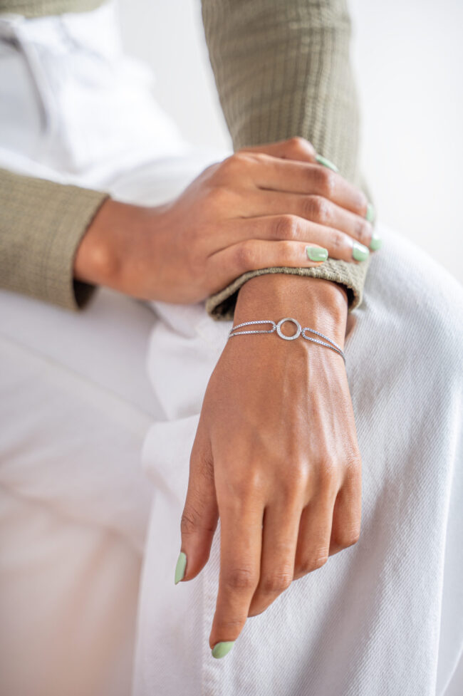 Pure Silver Single Circle Dual Chain Braclet - Image 2