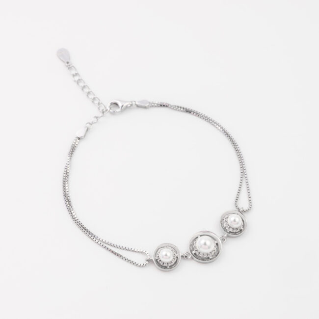 Pure Silver Pearl Centric Dual Chain Bracelet - Image 3