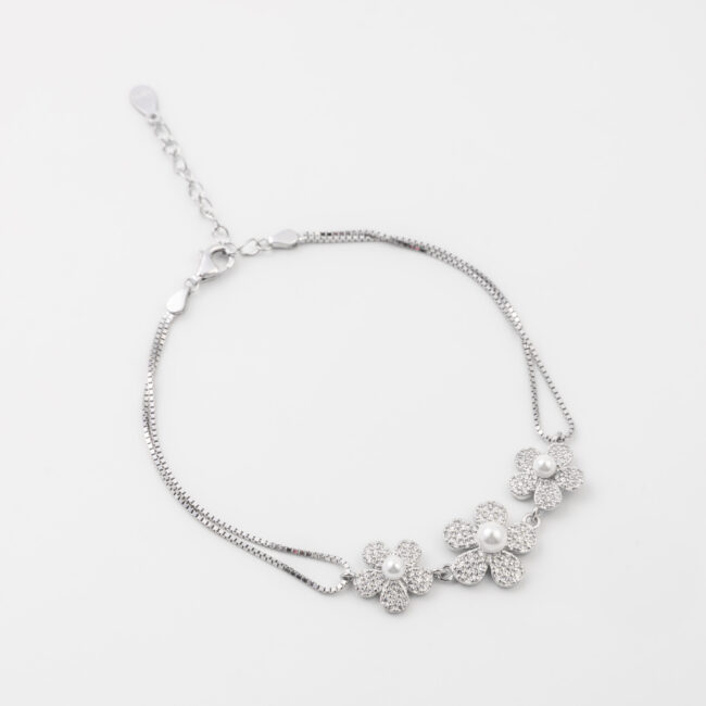 Pure Silver Flower Pearl Dual Chain Bracelet - Image 3
