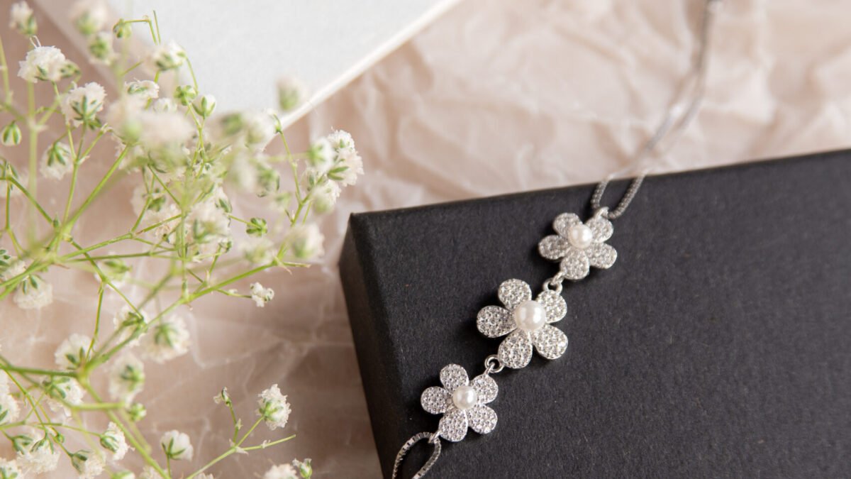 Pure Silver Flower Pearl Dual Chain Bracelet - Sp Silver Jewellery