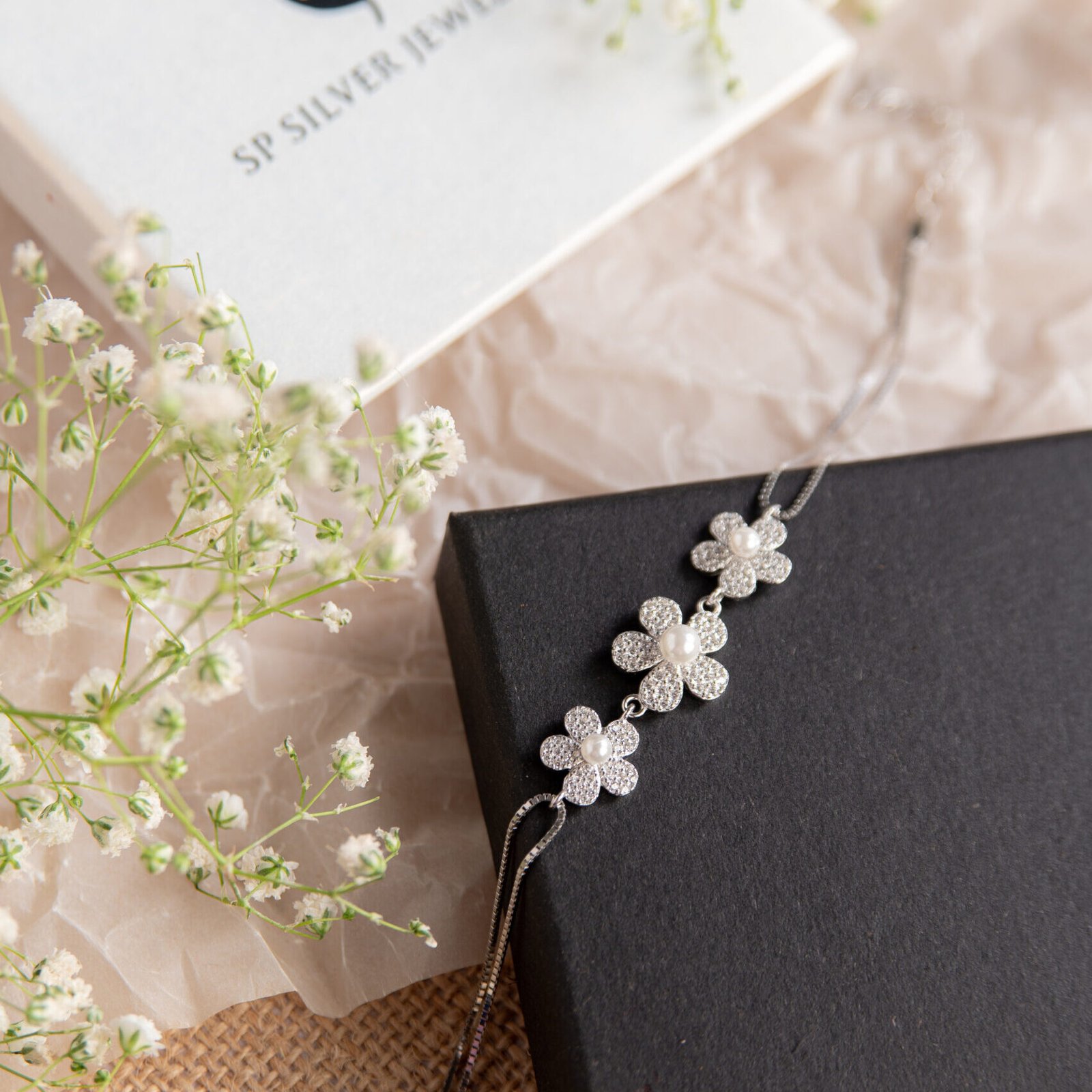 Pure Silver Flower Pearl Dual Chain Bracelet - Sp Silver Jewellery
