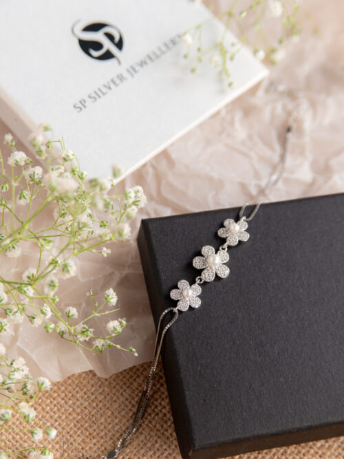 Pure Silver Flower Pearl Dual Chain Bracelet
