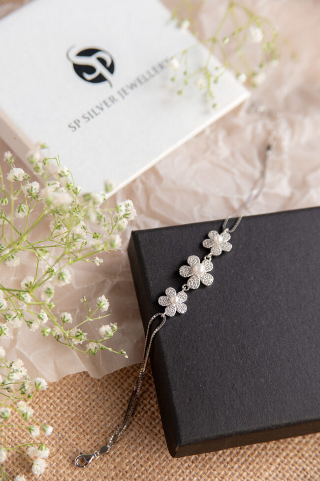 Pure Silver Flower Pearl Dual Chain Bracelet