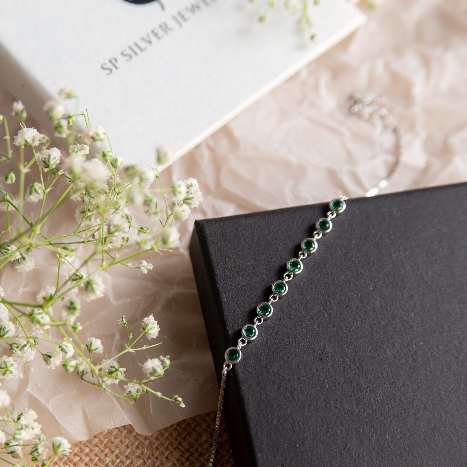 Pure Silver Green Stone Bracelet - Sp Silver Jewellery