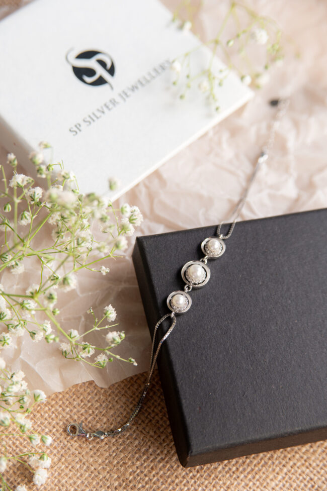 Pure Silver Pearl Centric Dual Chain Bracelet