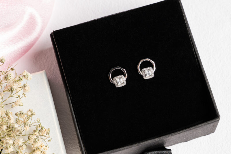 Pure Silver Square Halo Design Earring