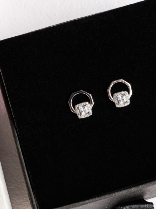 Pure Silver Square Halo Design Earring