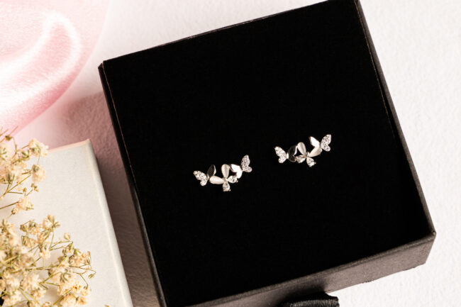 Pure Silver Russian Stone Butterfly Stud