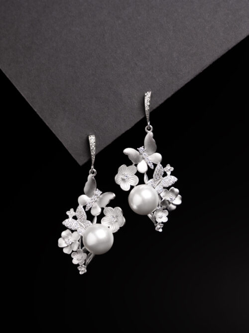 Pure Silver Matt Finish Pearl Butterfly Earring