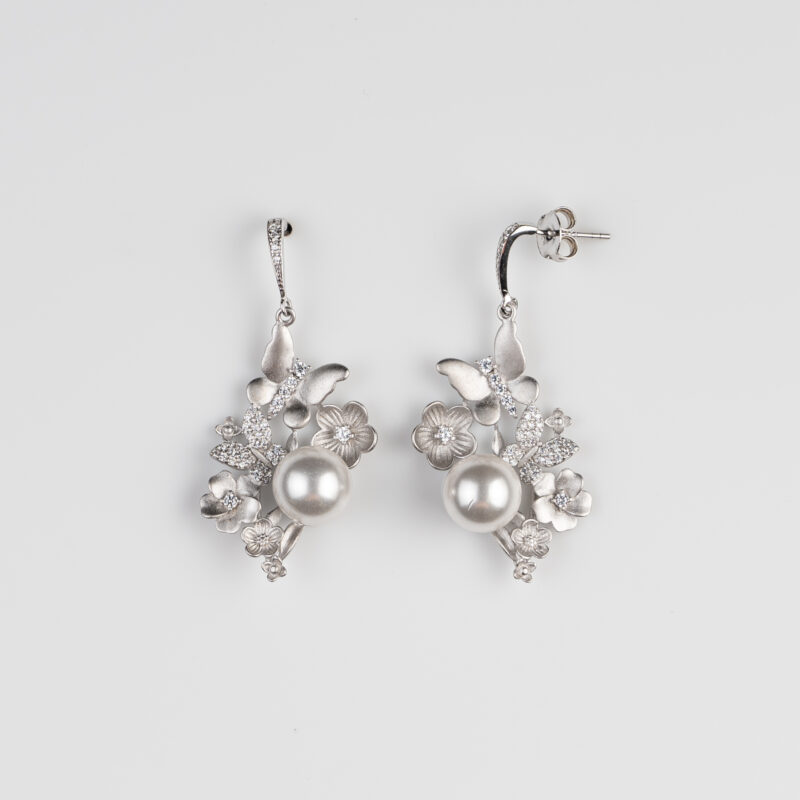 Pure Silver Matt Finish Pearl Butterfly Earring - Image 3