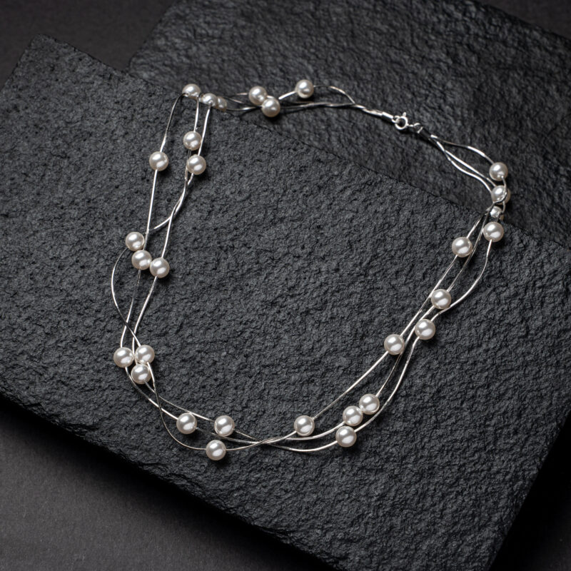 Pure Silver 3 Line Pearl Necklace Set