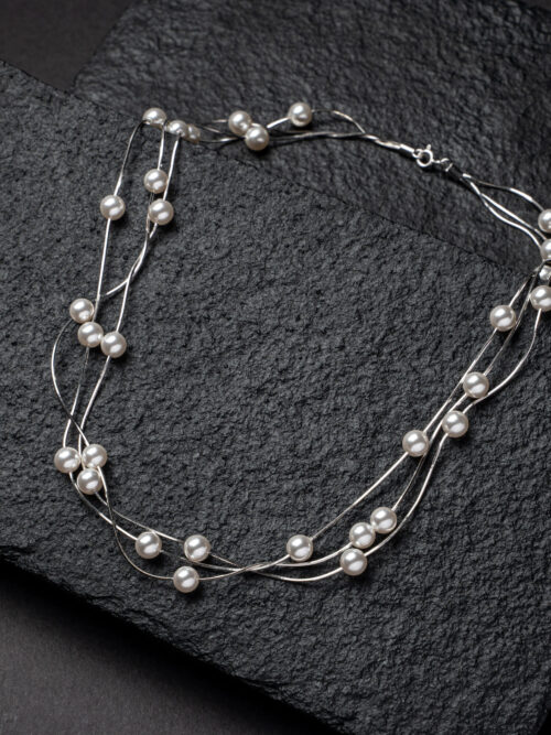 Pure Silver 3 Line Pearl Necklace Set