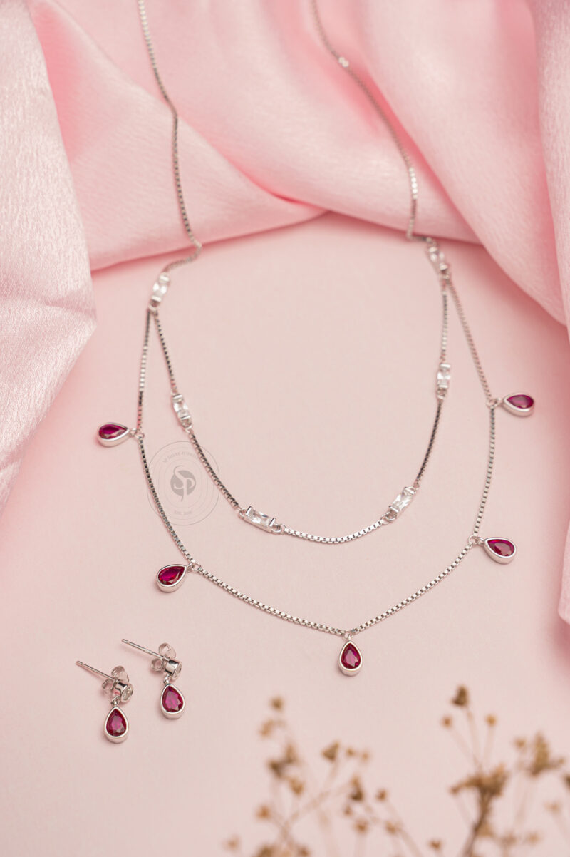 Pure Silver Ruby Drop Double Chain Necklace