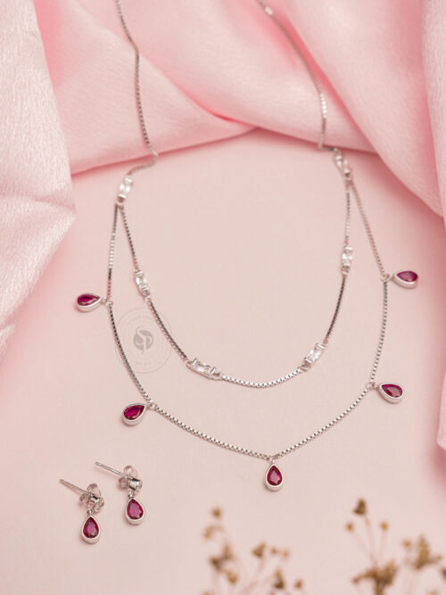 Pure Silver Ruby Drop Double Chain Necklace