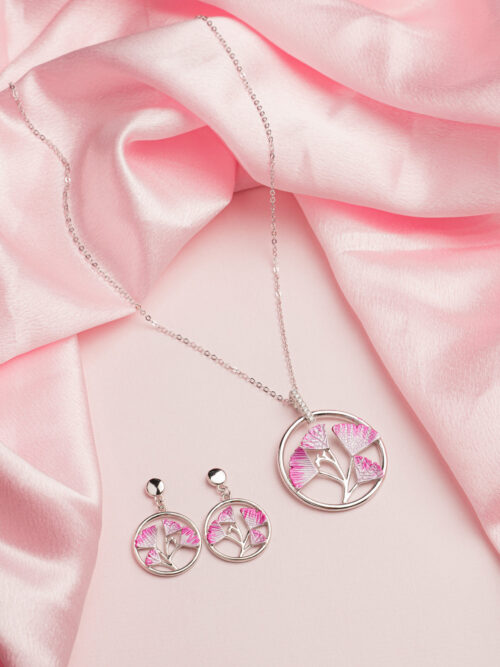 Pure silver pink floral pendant set