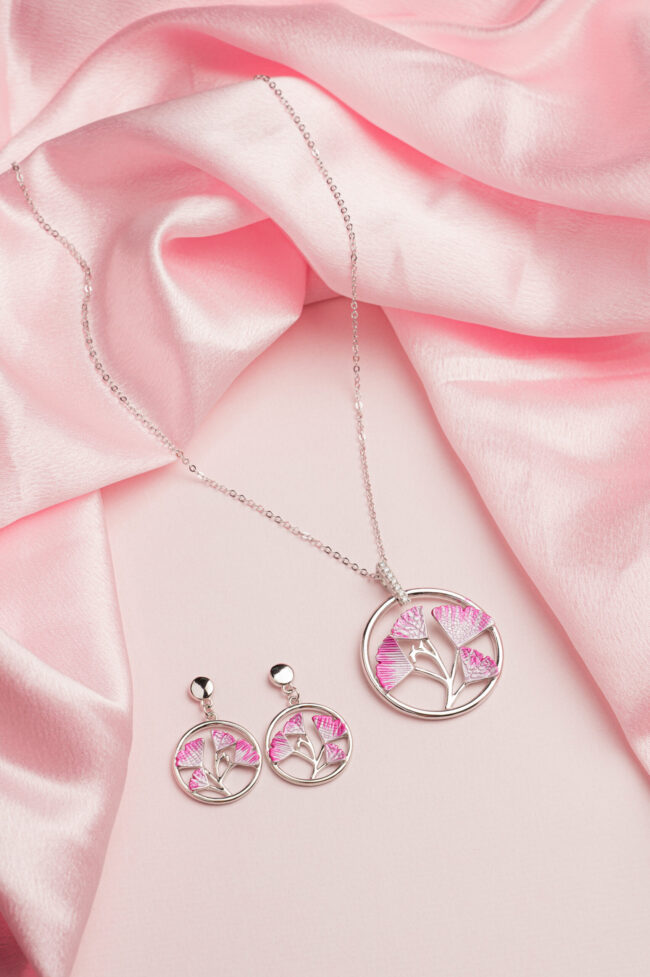 Pure silver pink floral pendant set