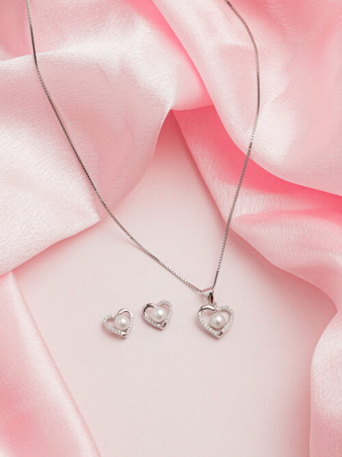 Pure Silver Heart Pearl Set