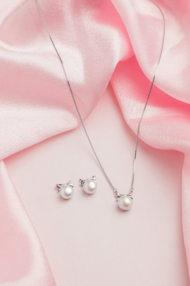 Silver Double Flower Pearl Set