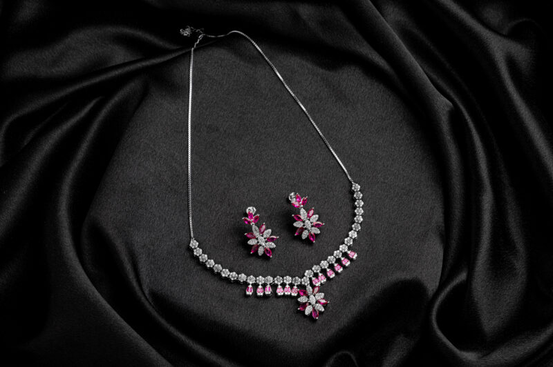 Pure Siver Floral Ruby AD Stone Necklace