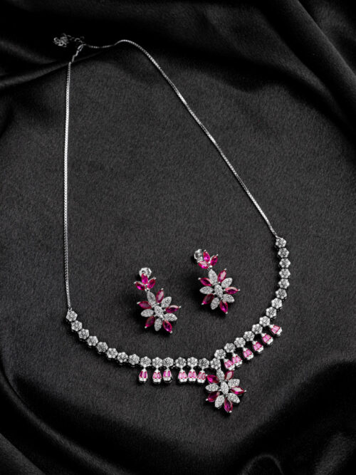 Pure Siver Floral Ruby AD Stone Necklace