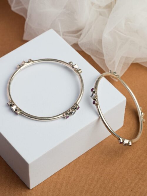 Pure Silver Diamond Cut Stone Bangle