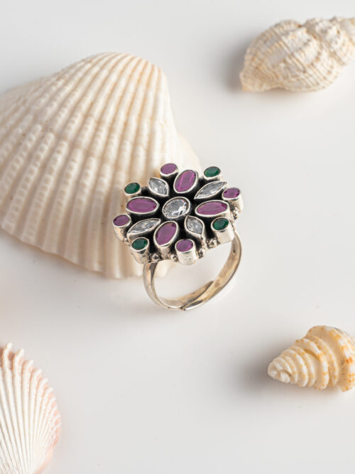 Pure Silver Cut Stone Multi Colour Ring