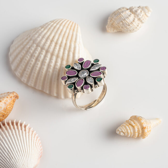 Pure Silver Cut Stone Multi Colour Ring