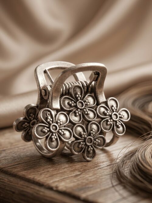 Pure Silver Oxidised Flower Design Hair Clip Clutcher