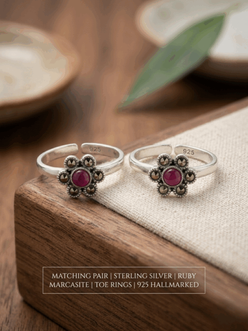 Pure Silver Ruby Stone Marcasite Flower Toe Ring