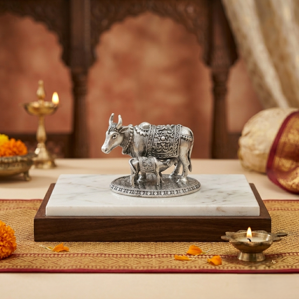 92.5 Pure Silver Cow Calf Antique 3D Idol