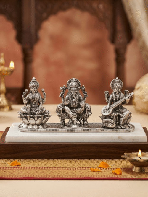 Pure Silver 3D Lakshmi Saraswati Ganpati Idol
