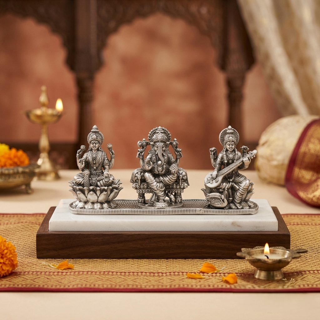 Pure Silver 3D Lakshmi Saraswati Ganpati Idol