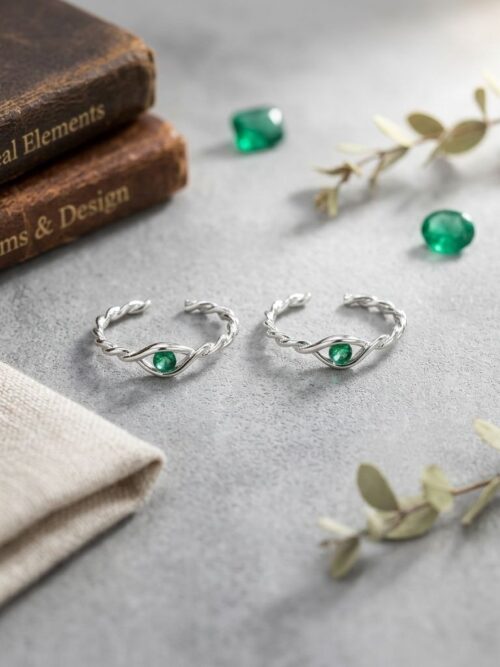 92.5 Pure Silver Spiral Green Stone Toe Ring