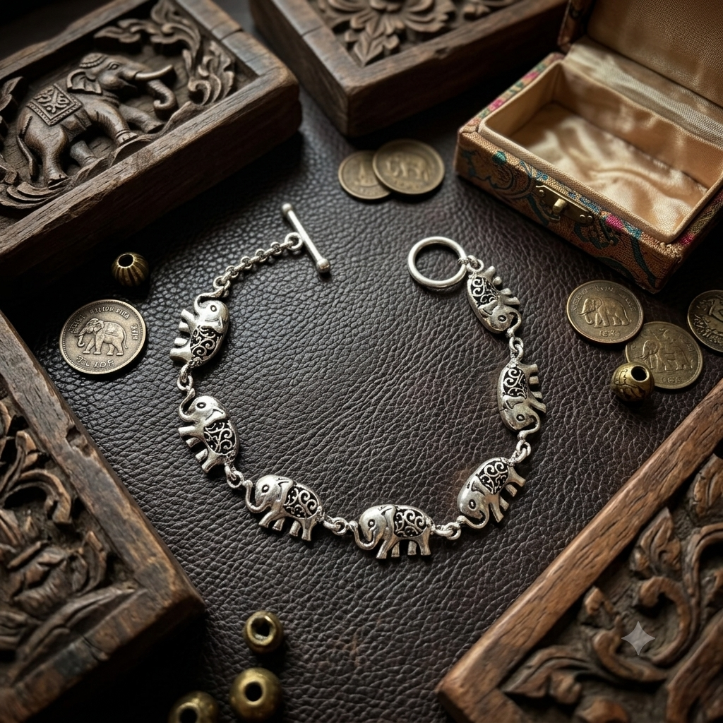 92.5 Sterling Silver Dual Elephant Link Bracelet with Antique Elephant Design