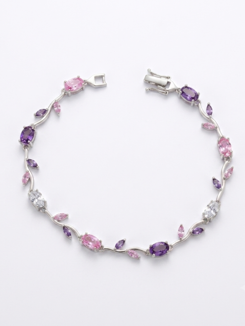 92.5 Sterling Silver Pink and Purple Floral Gemstone Bracelet for Women