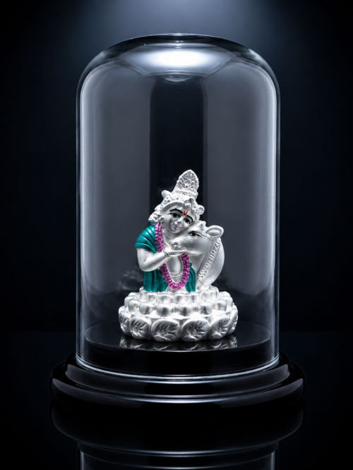 999 Pure Silver Krishna With Cow Idol – a divine and elegant silver idol for pooja and gifting.