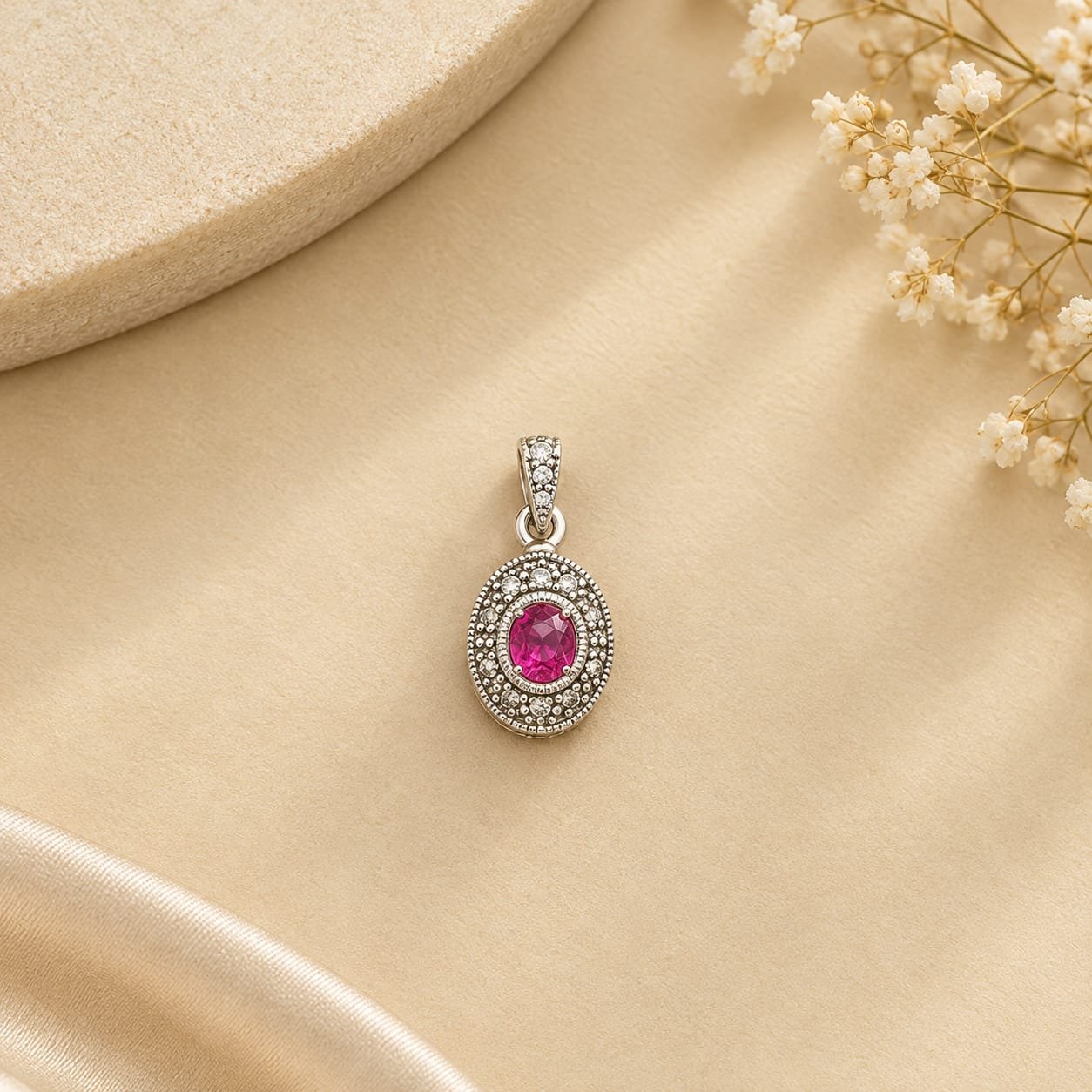 Pure Silver Marcasite Ruby Stone Pendant