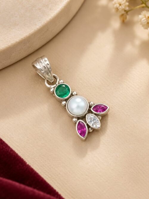 Pure Silver Multi Colour Cut Stone Pendant