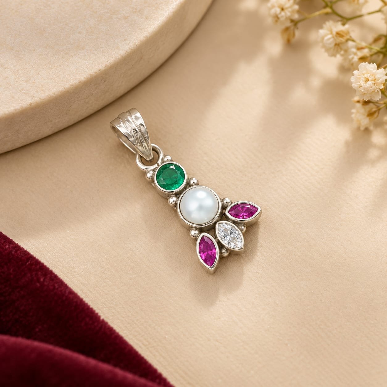 Pure Silver Multi Colour Cut Stone Pendant