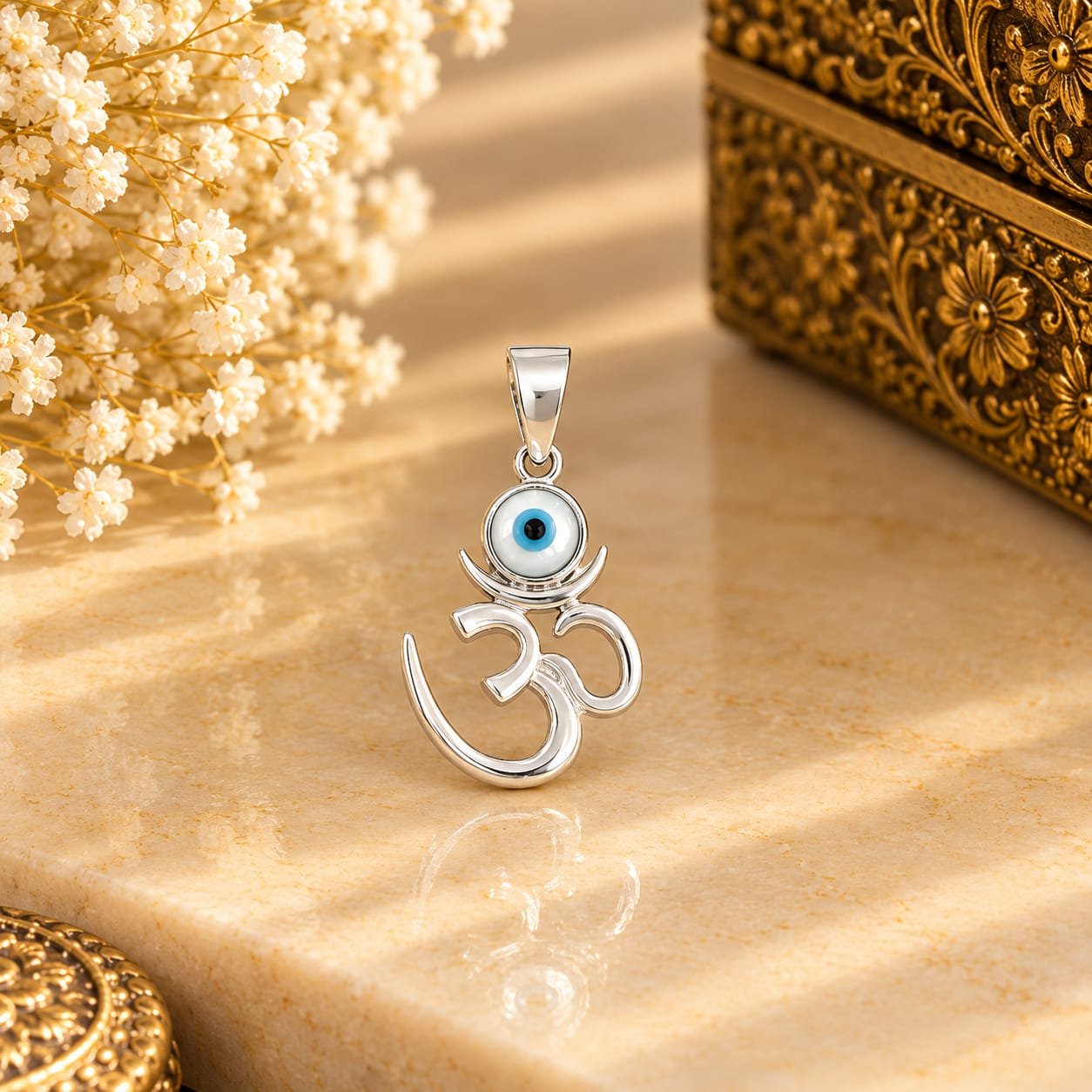 92.5 Pure Silver Om Pendant With Evil Eye Symbol