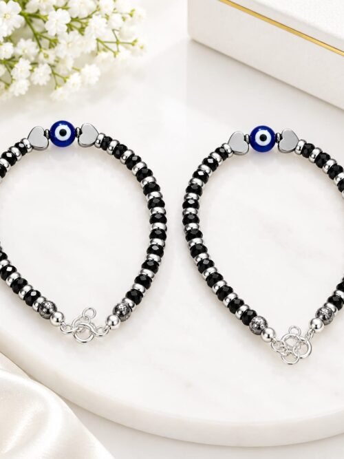 Pure Silver Black Bead With Evil Eye Kada